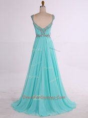 Aqua Blue Sleeveless Floor Length Beading Zipper Prom Evening Gown