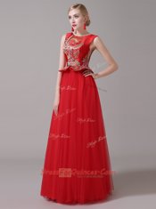 Scoop Red A-line Appliques Prom Evening Gown Zipper Tulle Sleeveless Floor Length