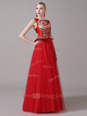 Scoop Red A-line Appliques Prom Evening Gown Zipper Tulle Sleeveless Floor Length
