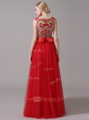Scoop Red A-line Appliques Prom Evening Gown Zipper Tulle Sleeveless Floor Length