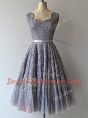 Square Grey Lace Zipper Sleeveless Knee Length Belt