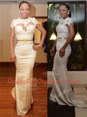 White Mermaid Satin Scoop Cap Sleeves Appliques Zipper Prom Dresses Court Train