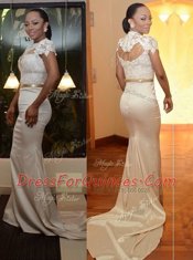 White Mermaid Satin Scoop Cap Sleeves Appliques Zipper Prom Dresses Court Train