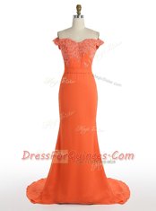 Mermaid Off the Shoulder Sleeveless Satin With Train Sweep Train Zipper Prom Dress in Orange with Lace