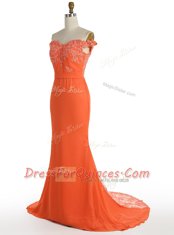 Mermaid Off the Shoulder Sleeveless Satin With Train Sweep Train Zipper Prom Dress in Orange with Lace