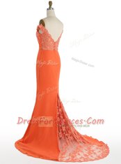 Mermaid Off the Shoulder Sleeveless Satin With Train Sweep Train Zipper Prom Dress in Orange with Lace