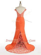 Mermaid Off the Shoulder Sleeveless Satin With Train Sweep Train Zipper Prom Dress in Orange with Lace