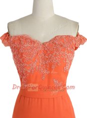Mermaid Off the Shoulder Sleeveless Satin With Train Sweep Train Zipper Prom Dress in Orange with Lace