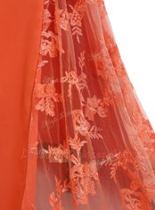 Mermaid Off the Shoulder Sleeveless Satin With Train Sweep Train Zipper Prom Dress in Orange with Lace