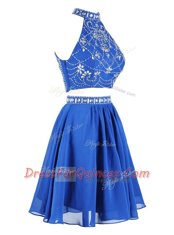Excellent Mini Length Blue Prom Evening Gown Chiffon Sleeveless Beading
