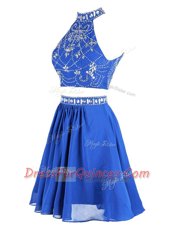Excellent Mini Length Blue Prom Evening Gown Chiffon Sleeveless Beading