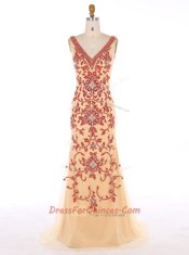 Mermaid Beading and Embroidery Dress for Prom Champagne Zipper Sleeveless With Train Sweep Train