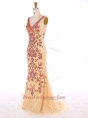 Mermaid Beading and Embroidery Dress for Prom Champagne Zipper Sleeveless With Train Sweep Train