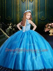 Best Selling Baby Blue Lace Up Halter Top Beading and Sequins Child Pageant Dress Tulle Sleeveless