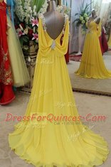 Dazzling Brush Train A-line Evening Dress Yellow Scoop Organza Sleeveless Backless