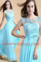 Fancy Scoop Floor Length Zipper Evening Dress Aqua Blue for Prom and Party with Appliques