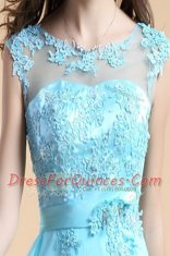 Fancy Scoop Floor Length Zipper Evening Dress Aqua Blue for Prom and Party with Appliques