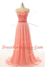 Adorable White Sleeveless Appliques and Belt Zipper Prom Party Dress