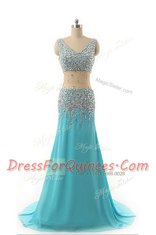 Glamorous Aqua Blue Sleeveless Asymmetrical Beading Zipper Evening Dress