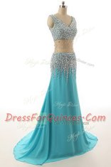 Glamorous Aqua Blue Sleeveless Asymmetrical Beading Zipper Evening Dress