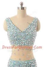 Glamorous Aqua Blue Sleeveless Asymmetrical Beading Zipper Evening Dress