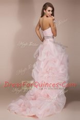 Sleeveless Floor Length Beading Zipper Dress for Prom with Baby Pink Brush Train