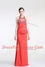 Pretty Watermelon Red Scoop Neckline Beading Prom Evening Gown Sleeveless Criss Cross
