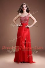 Cute One Shoulder Beading Red Side Zipper Sleeveless Floor Length