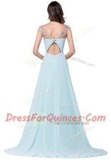Scoop Light Blue Sleeveless Chiffon Brush Train Zipper Dress for Prom for Prom and Party
