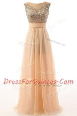 Scoop Floor Length Backless Prom Party Dress Peach for Prom and Party with Beading and Belt
