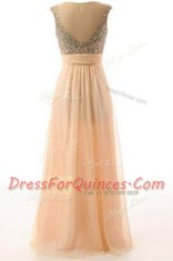 Scoop Floor Length Backless Prom Party Dress Peach for Prom and Party with Beading and Belt