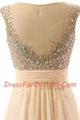 Scoop Floor Length Backless Prom Party Dress Peach for Prom and Party with Beading and Belt