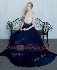 Navy Blue Column/Sheath Scoop Cap Sleeves Chiffon Floor Length Zipper Beading and Ruching Evening Dress