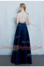 Navy Blue Column/Sheath Scoop Cap Sleeves Chiffon Floor Length Zipper Beading and Ruching Evening Dress