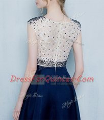 Navy Blue Column/Sheath Scoop Cap Sleeves Chiffon Floor Length Zipper Beading and Ruching Evening Dress