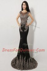 Mermaid Scoop Sleeveless Floor Length Brush Train Appliques Black Silk Like Satin