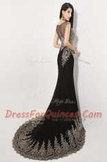 Mermaid Scoop Sleeveless Floor Length Brush Train Appliques Black Silk Like Satin