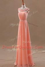 Watermelon Red Zipper Prom Evening Gown Beading Sleeveless Floor Length