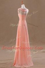 Watermelon Red Zipper Prom Evening Gown Beading Sleeveless Floor Length