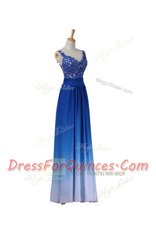Unique Floor Length Blue Prom Party Dress Chiffon Sleeveless Lace