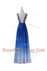 Unique Floor Length Blue Prom Party Dress Chiffon Sleeveless Lace