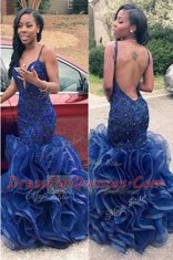 Charming Mermaid Floor Length Navy Blue Homecoming Dress Spaghetti Straps Sleeveless Backless