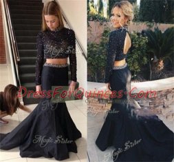 Ideal Black Long Sleeves Brush Train Beading With Train Dress for Prom