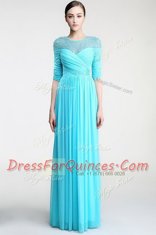 Unique Aqua Blue Zipper Scoop Beading and Ruching Dress for Prom Chiffon Sleeveless