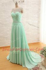 Apple Green Column/Sheath Scoop Sleeveless Chiffon With Brush Train Zipper Beading and Ruching Evening Dress