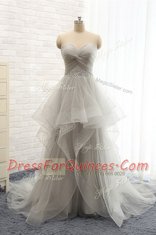 Silver Column/Sheath Ruching Dress for Prom Lace Up Chiffon Sleeveless With Train