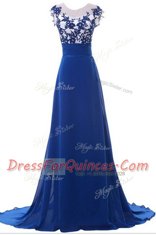 Stunning Scoop Sleeveless Chiffon Prom Gown Beading and Appliques Brush Train Zipper