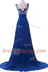 Stunning Scoop Sleeveless Chiffon Prom Gown Beading and Appliques Brush Train Zipper