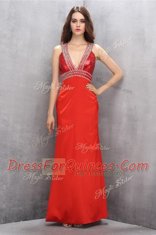 Beauteous Coral Red Criss Cross Evening Dress Beading Sleeveless Floor Length