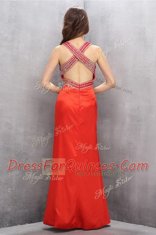 Beauteous Coral Red Criss Cross Evening Dress Beading Sleeveless Floor Length